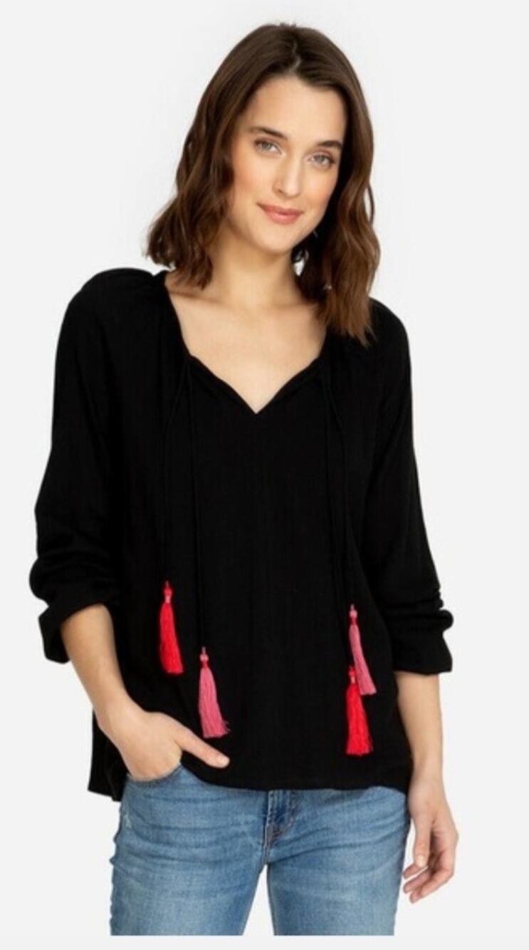 Johnny Was Tassel Tie Peasant Black  Long Sleeve Bouse Ladies Medium